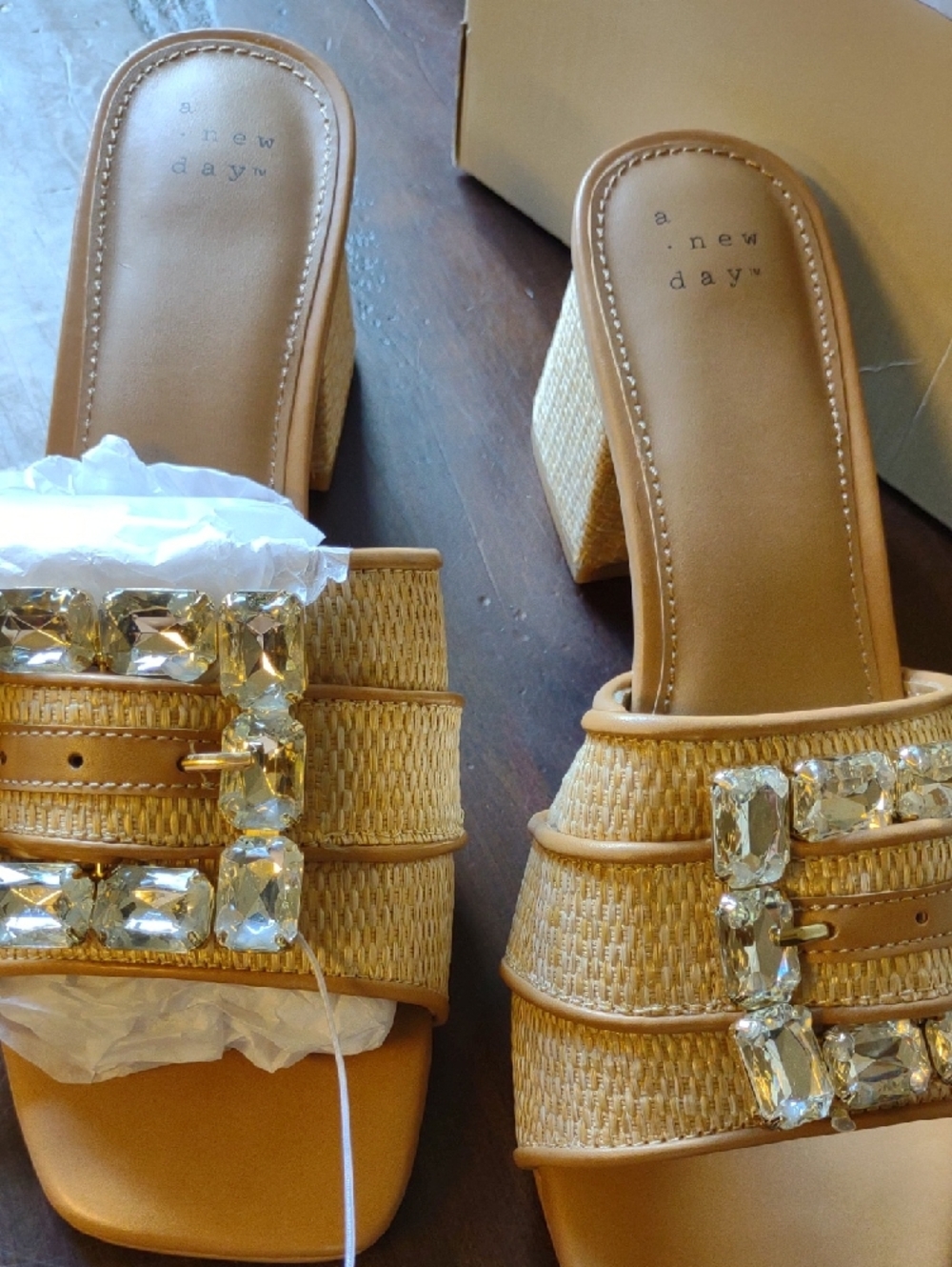 a new day Tan Woven Slide Heels with Gold Gem Buckles - Picture 4 of 4